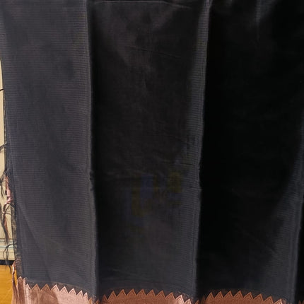 Elegant Black Banarasi Cotton Saree with Antique Copper Zari border and Stripped Pallu-B-CS-EB-ACZB-SP-005