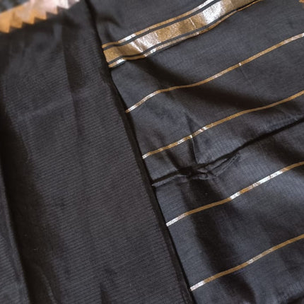 Elegant Black Banarasi Cotton Saree with Antique Copper Zari border and Stripped Pallu-B-CS-EB-ACZB-SP-005