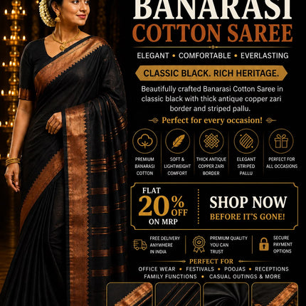 Elegant Black Banarasi Cotton Saree with Antique Copper Zari border and Stripped Pallu-B-CS-EB-ACZB-SP-005