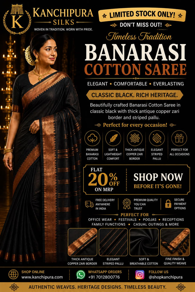 Elegant Black Banarasi Cotton Saree with Antique Copper Zari border and Stripped Pallu-B-CS-EB-ACZB-SP-005