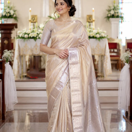 Pure Banaras Silk Saree in Champagne Gold with rich Gold Zari Pallu-B-PS-CG-001