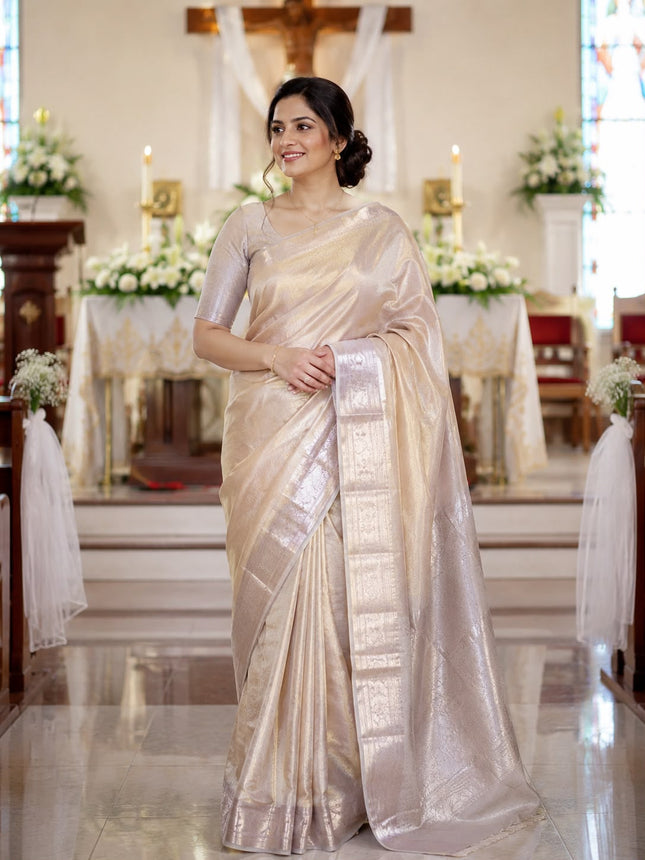 Pure Banaras Silk Saree in Champagne Gold with rich Gold Zari Pallu-B-PS-CG-001