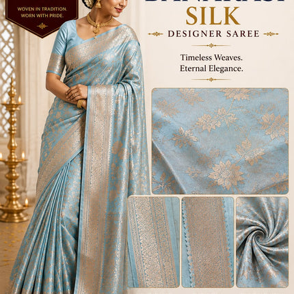 Banaras Pure Silk Designer Light Sky Blue Saree with Antique Gold Floral Zari Weaving-B-PSD-LSB-AGZ-003