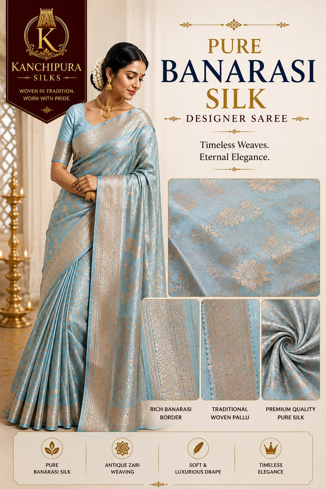 Banaras Pure Silk Designer Light Sky Blue Saree with Antique Gold Floral Zari Weaving-B-PSD-LSB-AGZ-003
