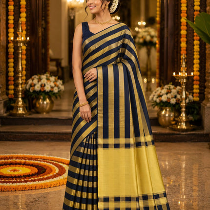 Kerala Handloom Pure Cotton Saree with Big stripe Kasavu-BP-HL-BSKB-002