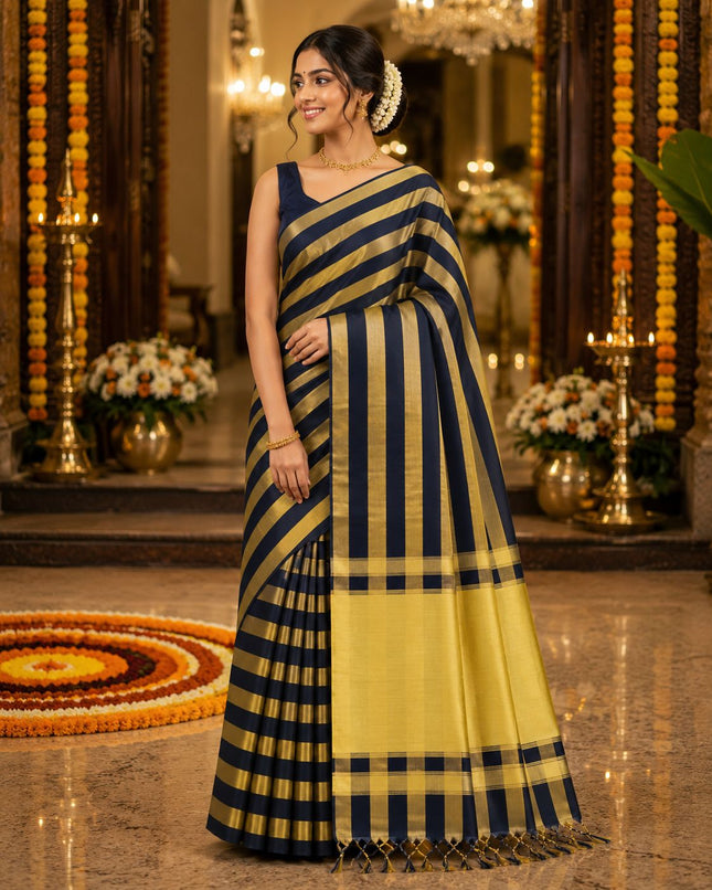Kerala Handloom Pure Cotton Saree with Big stripe Kasavu-BP-HL-BSKB-002