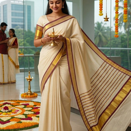 Kerala Handloom Pure cotton Maroon and gold border Saree -BP-HL-KMS-002