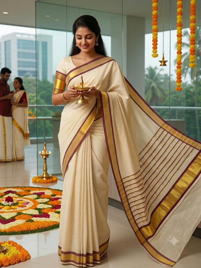 Kerala Handloom Pure cotton Maroon and gold border Saree -BP-HL-KMS-002