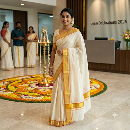 Kerala Handloom Pure cotton Orange and gold border Saree -BP-HL-KOS-001