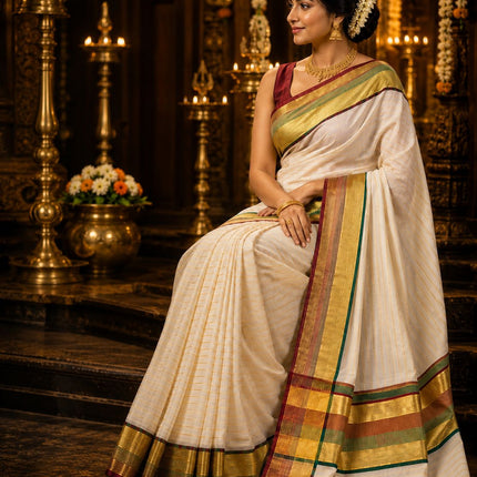 Kerala Handloom Pure Cotton Saree with Stripe colour Border -BP-HL-SCB-001