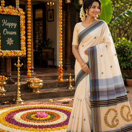 Kerala Handloom Pure Cotton Saree  with stripe colour border-BP-HL-SCB-002