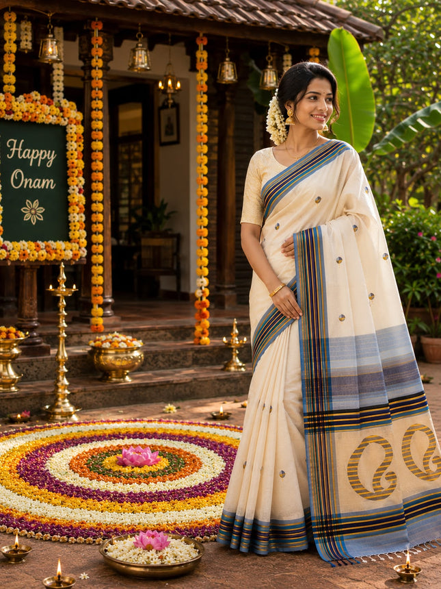 Kerala Handloom Pure Cotton Saree  with stripe colour border-BP-HL-SCB-002