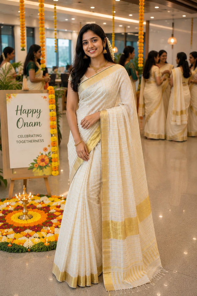 Check Kerala saree with Golden Kasavu -BP-PL-CKSGK-003