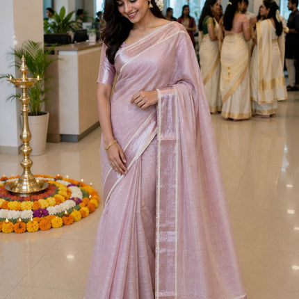 Rose Silver Tissue Kerala Saree with Vertical stripes-BP-PL-RSTKS-004
