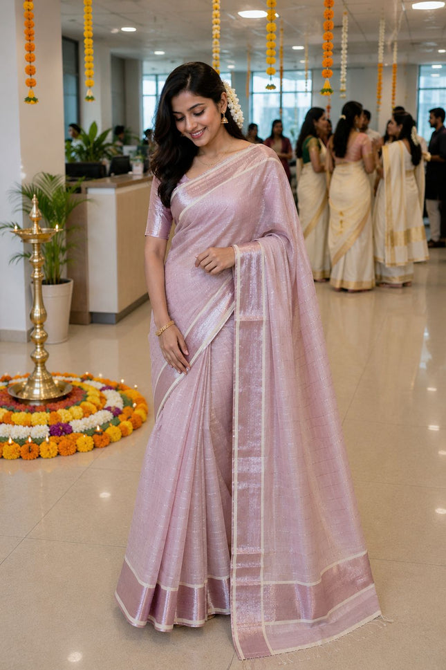 Rose Silver Tissue Kerala Saree with Vertical stripes-BP-PL-RSTKS-004