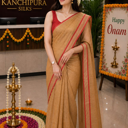 Gold Tissue Saree with red and golden stripes border and red Tassels-WB-GT-RGSB-RT-004