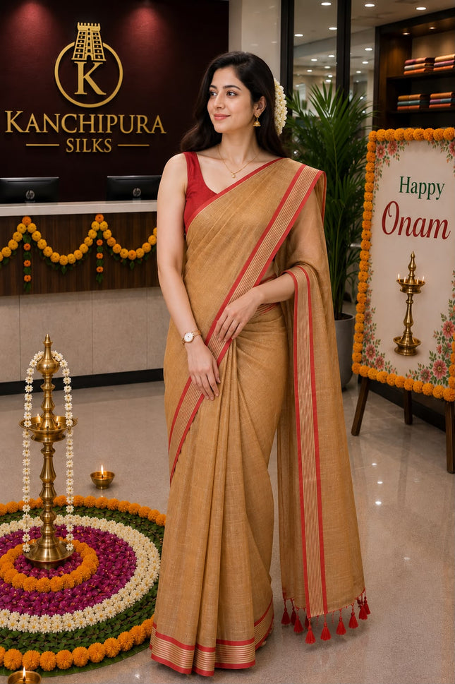 Gold Tissue Saree with red and golden stripes border and red Tassels-WB-GT-RGSB-RT-004