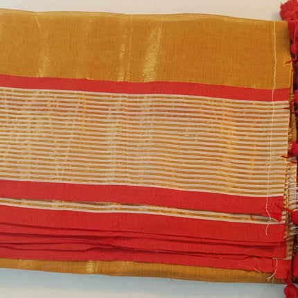 Gold Tissue Saree with red and golden stripes border and red Tassels-WB-GT-RGSB-RT-004