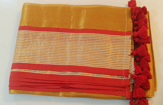 Gold Tissue Saree with red and golden stripes border and red Tassels-WB-GT-RGSB-RT-004