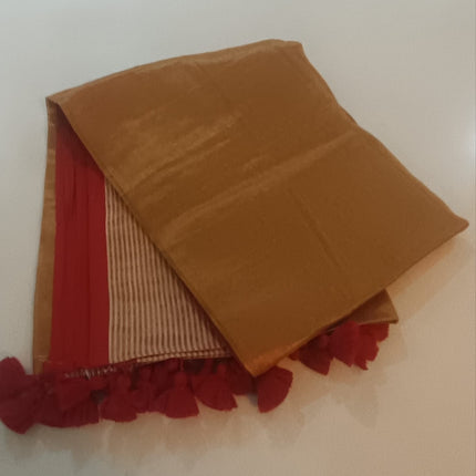Gold Tissue Saree with red and golden stripes border and red Tassels-WB-GT-RGSB-RT-004