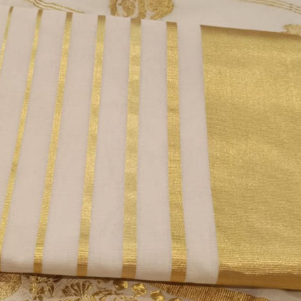 Kerala Handloom Pure cotton Classic Kasavu Saree with Golden stripes in the Pallu -BP-HL-KGS-003