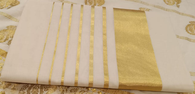 Kerala Handloom Pure cotton Classic Kasavu Saree with Golden stripes in the Pallu -BP-HL-KGS-003