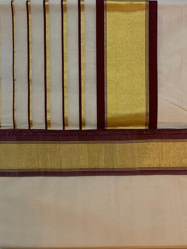 Kerala Handloom Pure cotton Maroon and gold border Saree -BP-HL-KMS-002