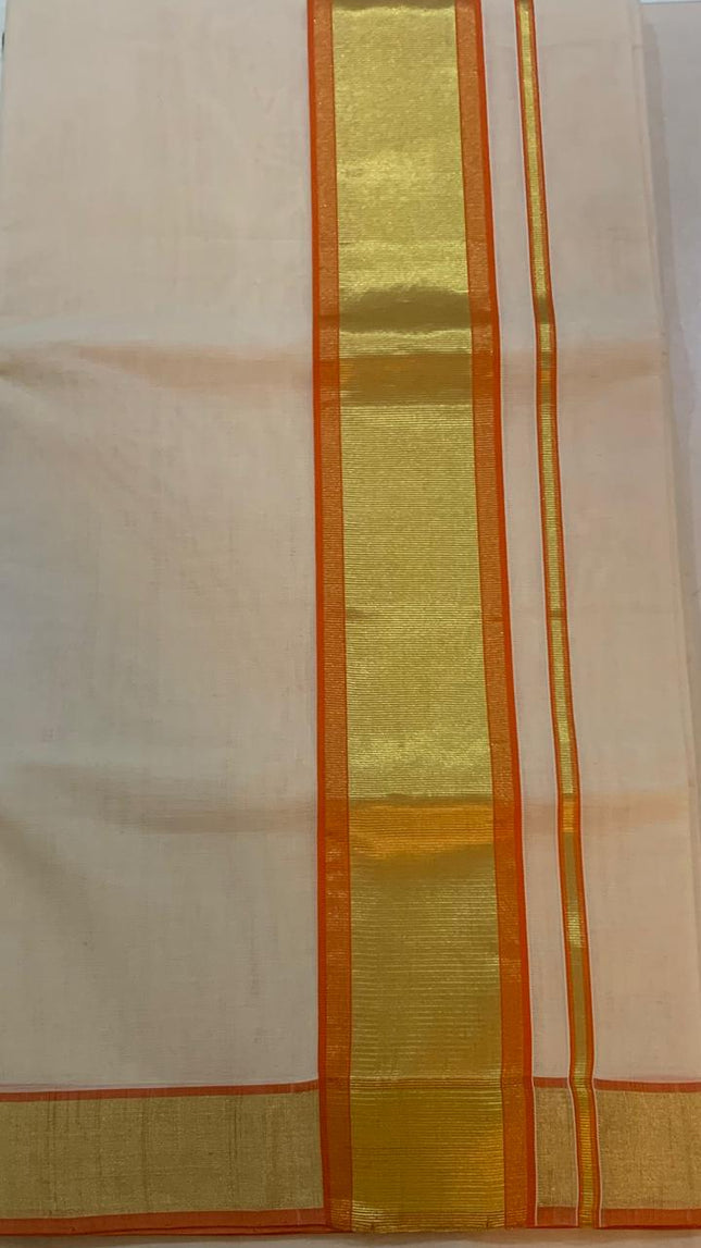 Kerala Handloom Pure cotton Orange and gold border Saree -BP-HL-KOS-001