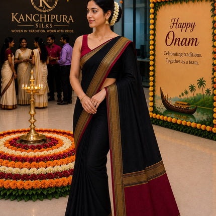 Trending Kanchipuram Kanchi Cotton Black &Maroon shade Saree -KP-KCBM-001