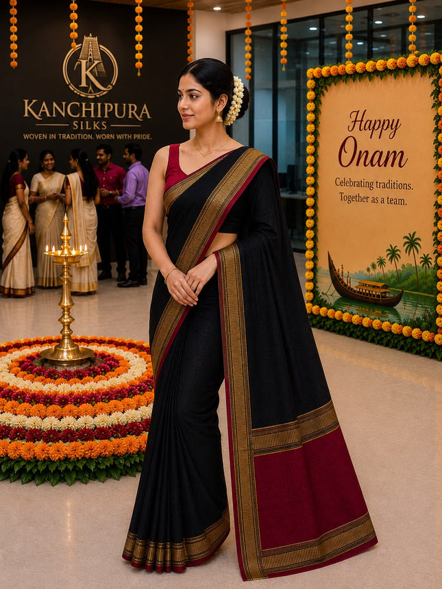 Trending Kanchipuram Kanchi Cotton Black &Maroon shade Saree -KP-KCBM-001