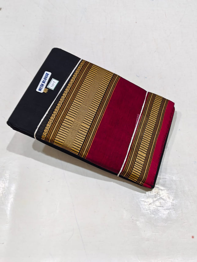 Trending Kanchipuram Kanchi Cotton Black &Maroon shade Saree -KP-KCBM-001