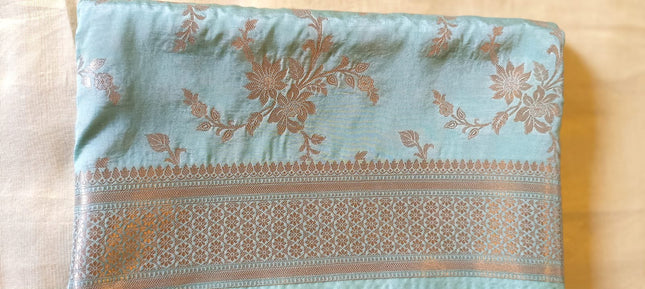 Banaras Pure Silk Designer Light Sky Blue Saree with Antique Gold Floral Zari Weaving-B-PSD-LSB-AGZ-003