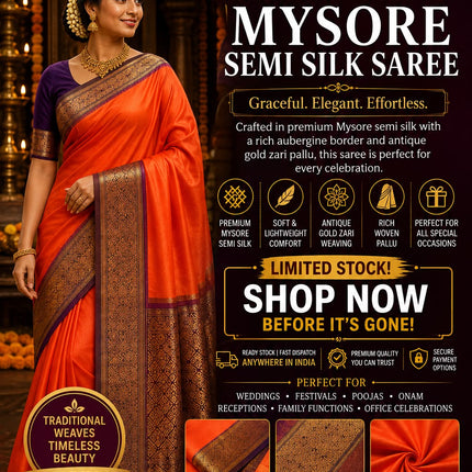 Vermilion Orange Mysore Semi Silk Saree with Antique gold Zari Pallu and Aubergine Border-M-SS-VO-AGZP-AB-001