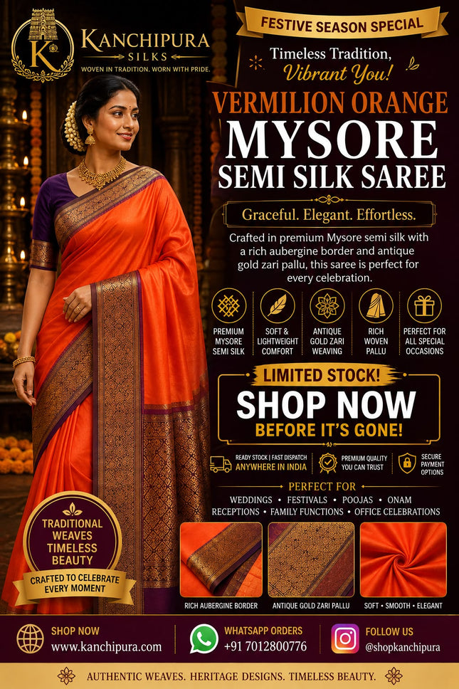 Vermilion Orange Mysore Semi Silk Saree with Antique gold Zari Pallu and Aubergine Border-M-SS-VO-AGZP-AB-001