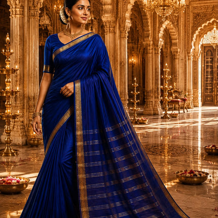Royal Blue Mysore Semi Silk Saree with Antique Gold Temple Zari Border-MS-RB-AGTZB-002