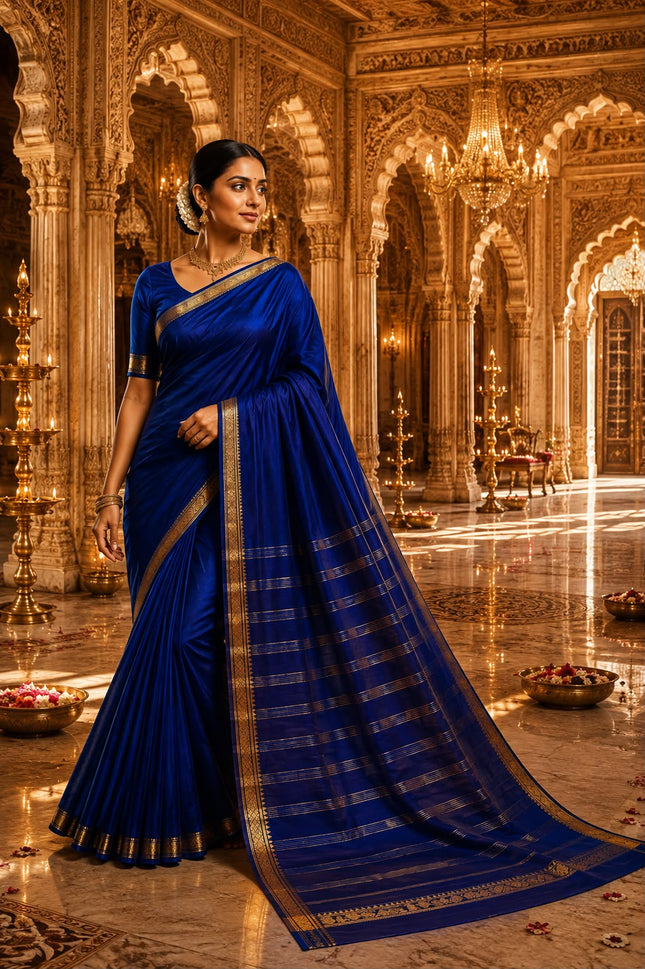 Royal Blue Mysore Semi Silk Saree with Antique Gold Temple Zari Border-MS-RB-AGTZB-002