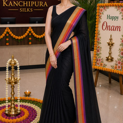 120 Count Premium Mul Cotton Black Kanchi border Saree with Tassels-WB-PMC-BGOPBT-003