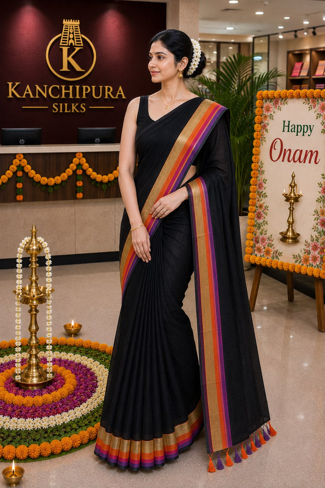 120 Count Premium Mul Cotton Black Kanchi border Saree with Tassels-WB-PMC-BGOPBT-003