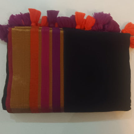 120 Count Premium Mul Cotton Black Kanchi border Saree with Tassels-WB-PMC-BGOPBT-003