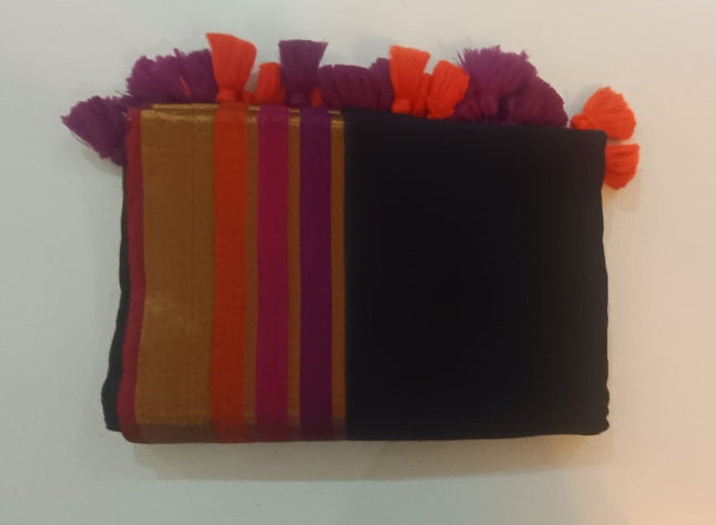 120 Count Premium Mul Cotton Black Kanchi border Saree with Tassels-WB-PMC-BGOPBT-003
