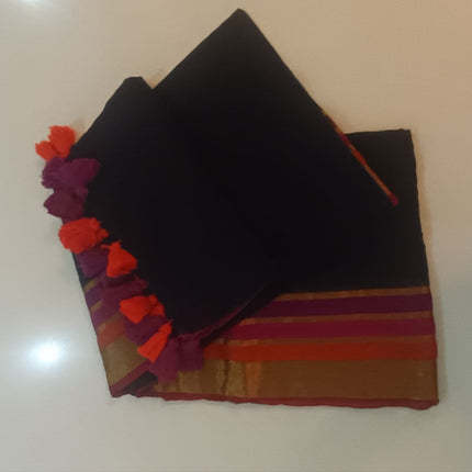 120 Count Premium Mul Cotton Black Kanchi border Saree with Tassels-WB-PMC-BGOPBT-003