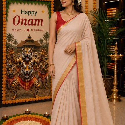 Pure Premium 120 Count Mul Cotton Saree with Gold and red border and  red Tassels-WB-PMC-GRBRT-006