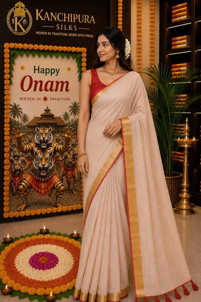 Pure Premium 120 Count Mul Cotton Saree with Gold and red border and  red Tassels-WB-PMC-GRBRT-006