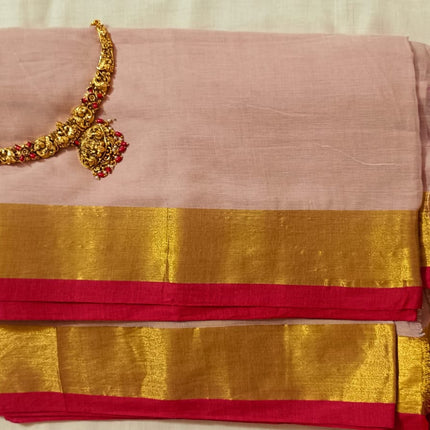 Pure Premium 120 Count Mul Cotton Saree with Gold and red border and  red Tassels-WB-PMC-GRBRT-006