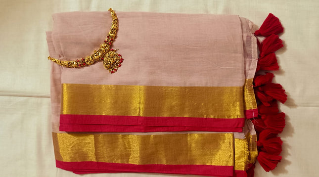 Pure Premium 120 Count Mul Cotton Saree with Gold and red border and  red Tassels-WB-PMC-GRBRT-006