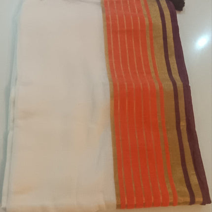 Pure Premium Mul Cotton Saree with Gold, Orange and Coffee Brown Stripes border and Tassels-WB-PMC-GOCBT-005