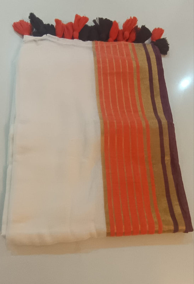 Pure Premium Mul Cotton Saree with Gold, Orange and Coffee Brown Stripes border and Tassels-WB-PMC-GOCBT-005