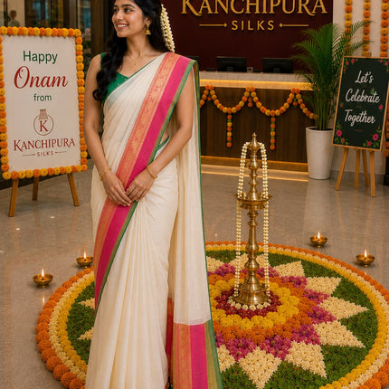 120 Count Premium Mul Cotton Off white Kanchi border Saree with Tassels-WB-PMC-OWKBT-002