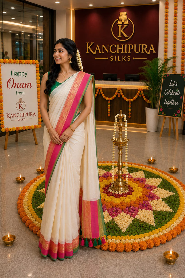 120 Count Premium Mul Cotton Off white Kanchi border Saree with Tassels-WB-PMC-OWKBT-002