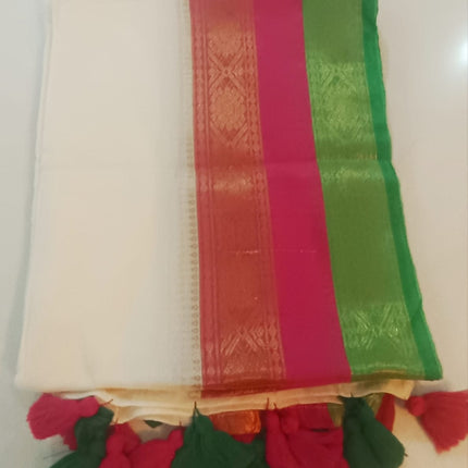 120 Count Premium Mul Cotton Off white Kanchi border Saree with Tassels-WB-PMC-OWKBT-002